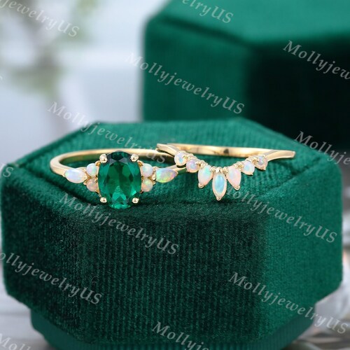 Oval Emerald Engagement Ring Set Vintage Ring Set 14K Yellow - Etsy