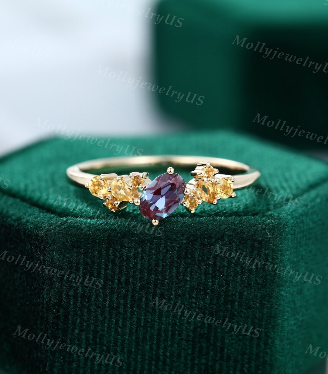 Oval Cut Alexandrite Engagement Ring Yellow Gold Vintage Cluster Citrine Engagement Ring Women Unique Bridal Wedding Anniversary Gift Forher Etsy