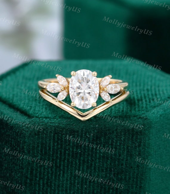 Oval Cut Moissanite Engagement Ring Set Vintage Unique Yellow Gold