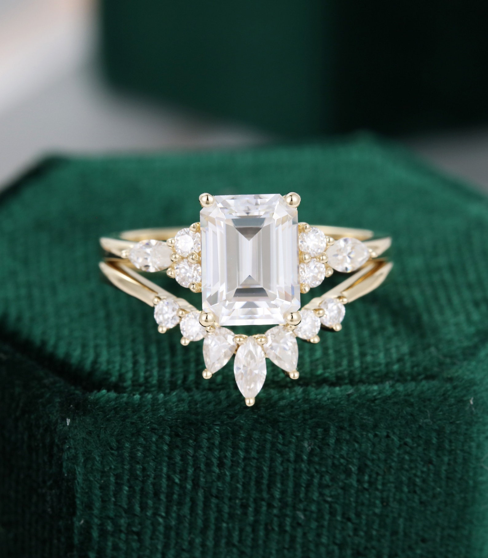 Emerald Cut Moissanite Engagement Ring Vintage Unique Bridal - Etsy