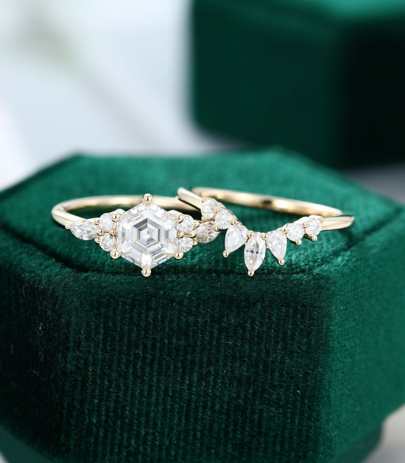 Hexagon cut Moissanite engagement ring set rose gold unique | Etsy