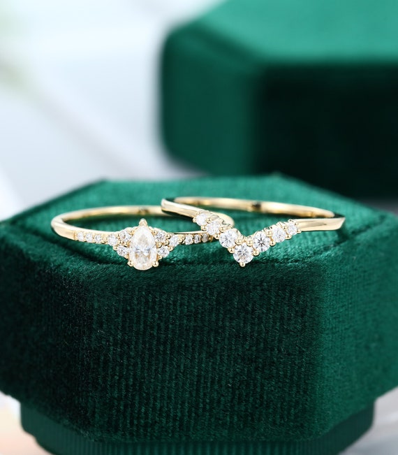 Moissanite engagement ring set rose gold Pear shaped unique | Etsy