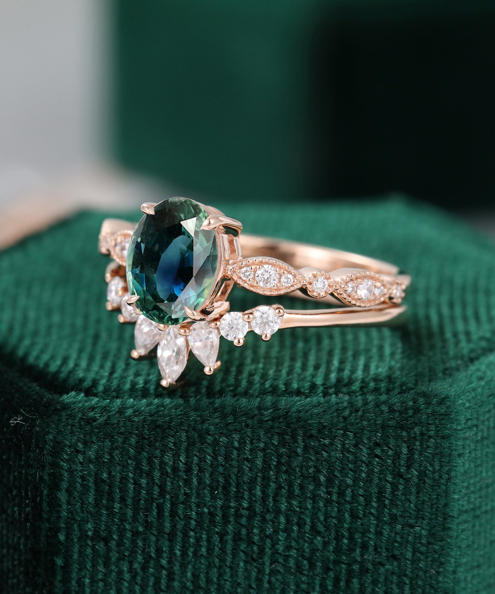 Oval Teal Green Blue Sapphire Engagement Ring Set Rose Gold - Etsy