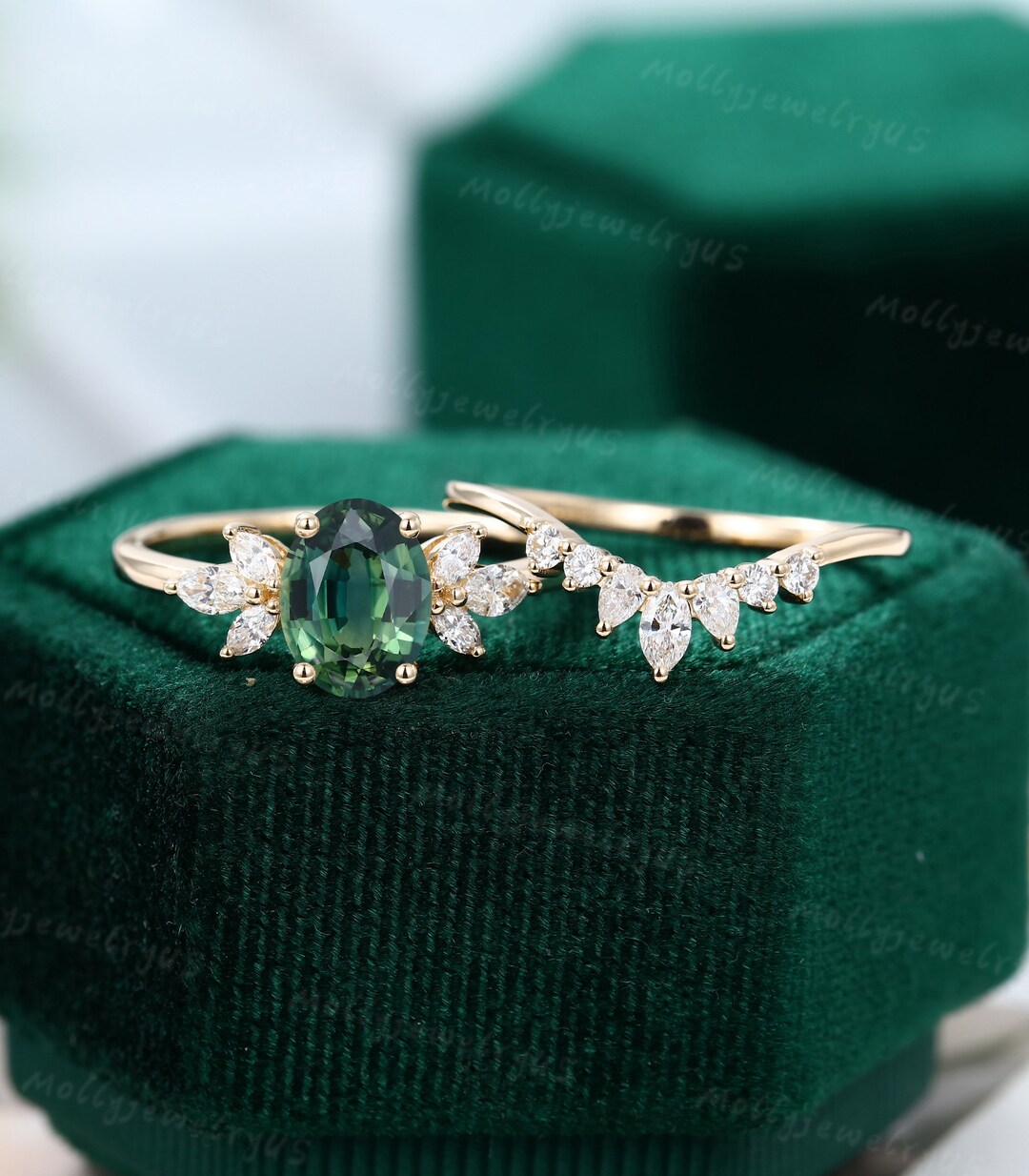 Oval Green Blue Sapphire Engagement Ring Set Vintage Unique Yellow Gold ...