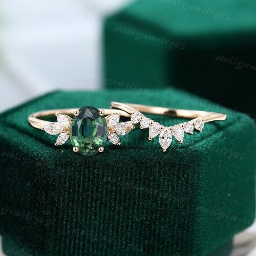 Oval Green Blue Sapphire Engagement Ring Vintage Unique - Etsy