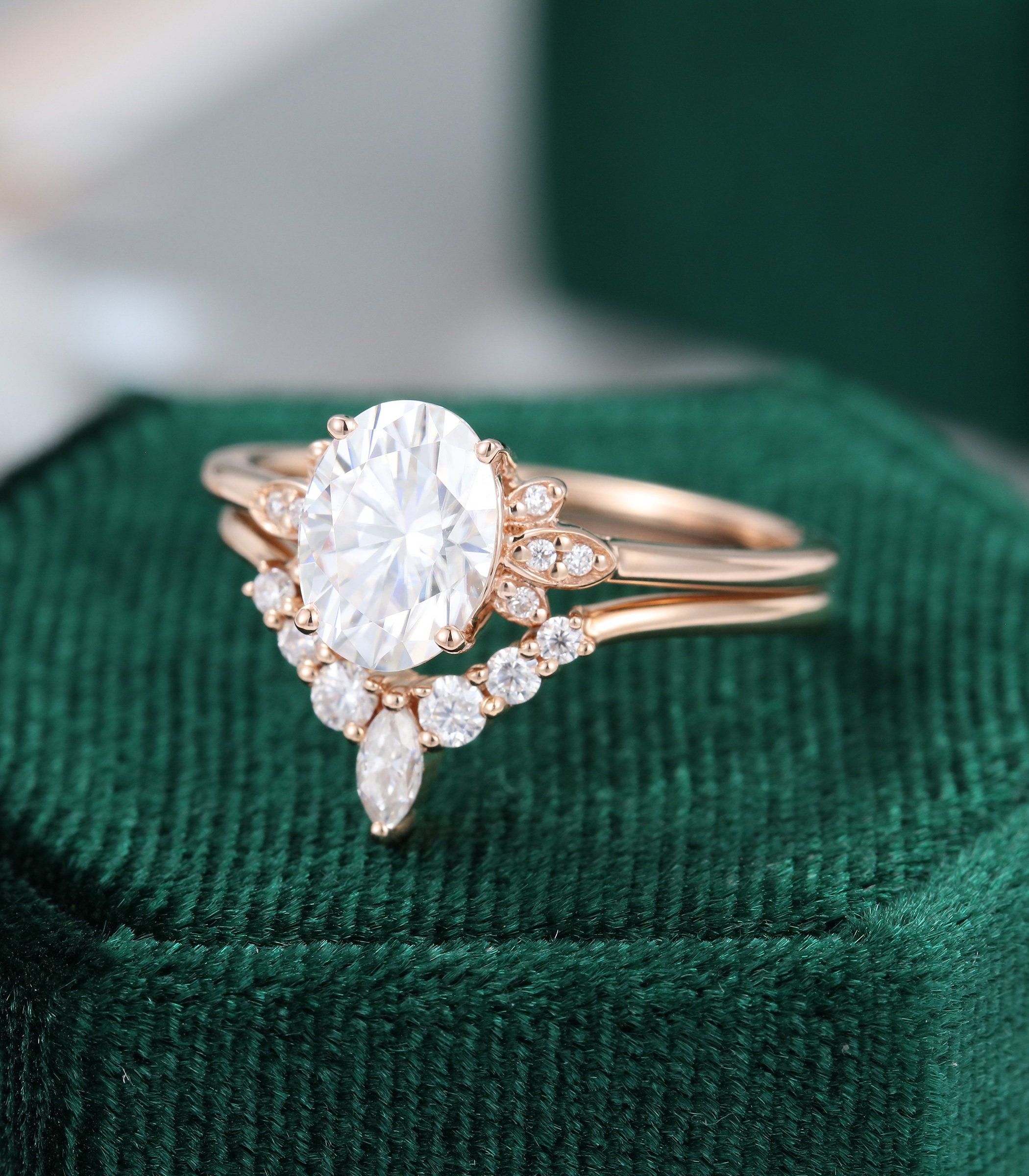 Oval Cut Moissanite Engagement Ring Set Vintage Rose Gold | Etsy