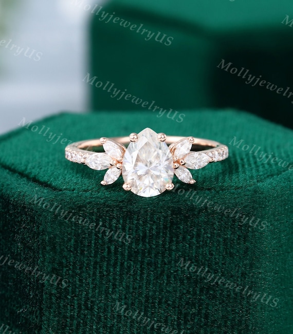 Pear Shaped Moissanite Engagement Ring Rose Gold Vintage Unique