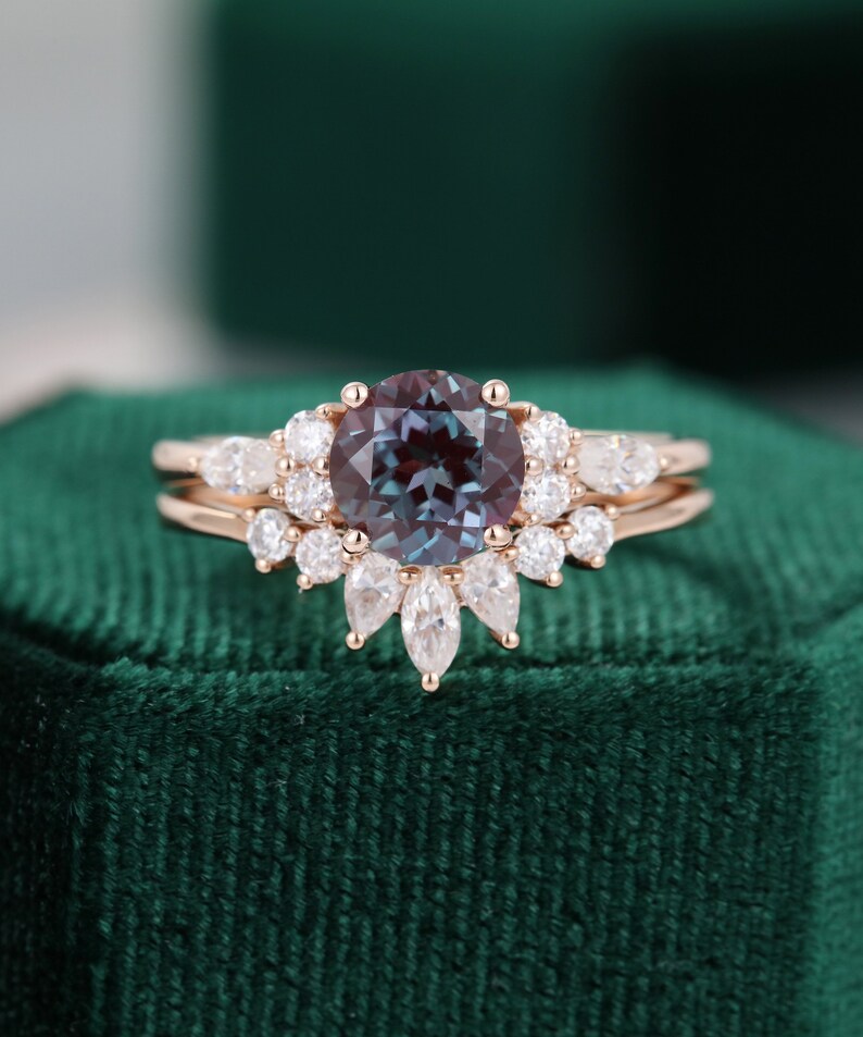 Alexandrite Engagement Ring Set Rose Gold Unique Marquise - Etsy