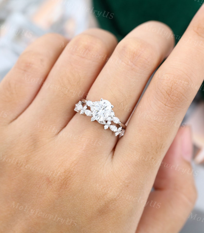 Oval Cut Moissanite Engagement Ring Set Vintage White Gold - Etsy