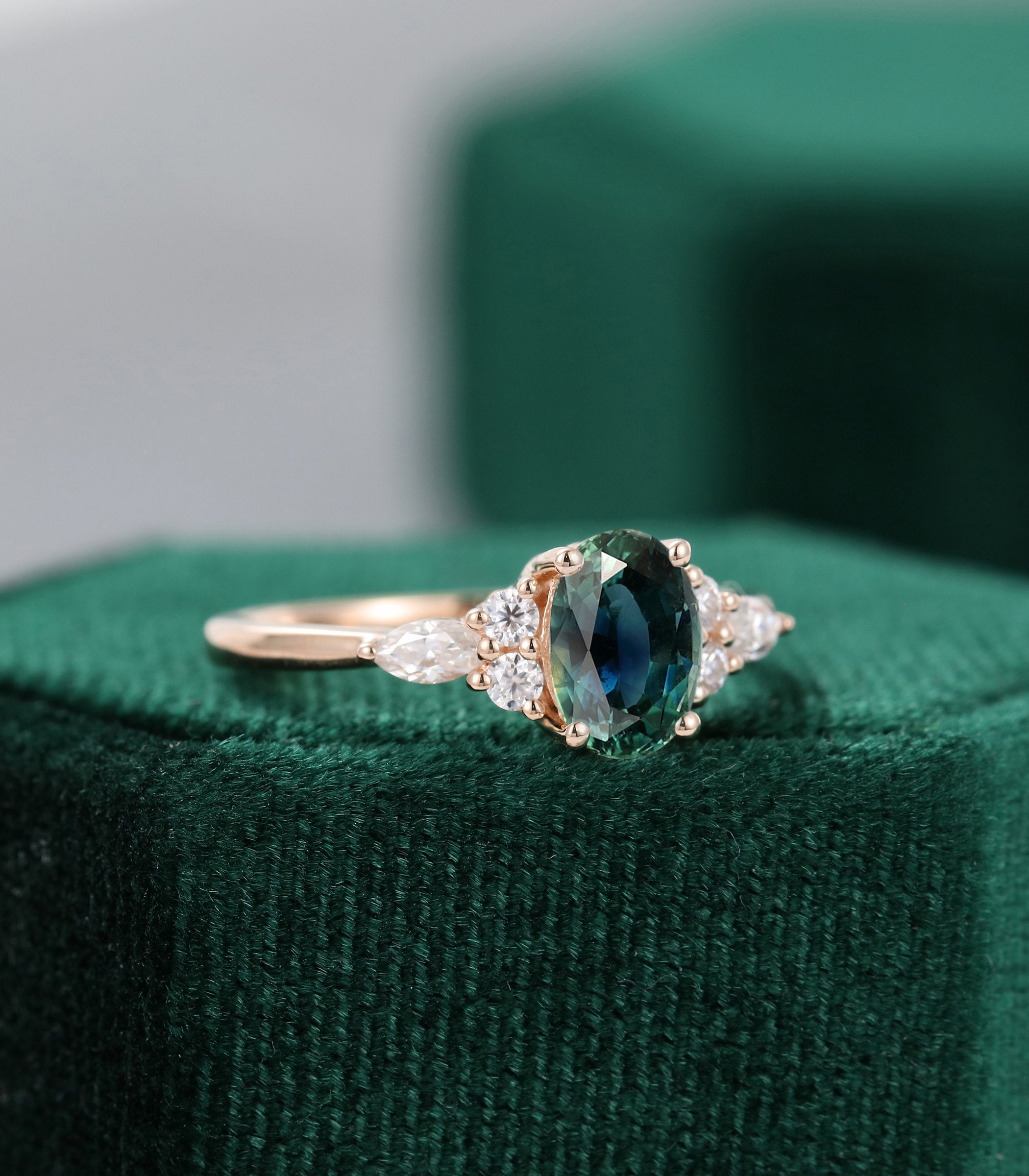 Oval Blue Green Sapphire Engagement Ring Vintage Unique Etsy