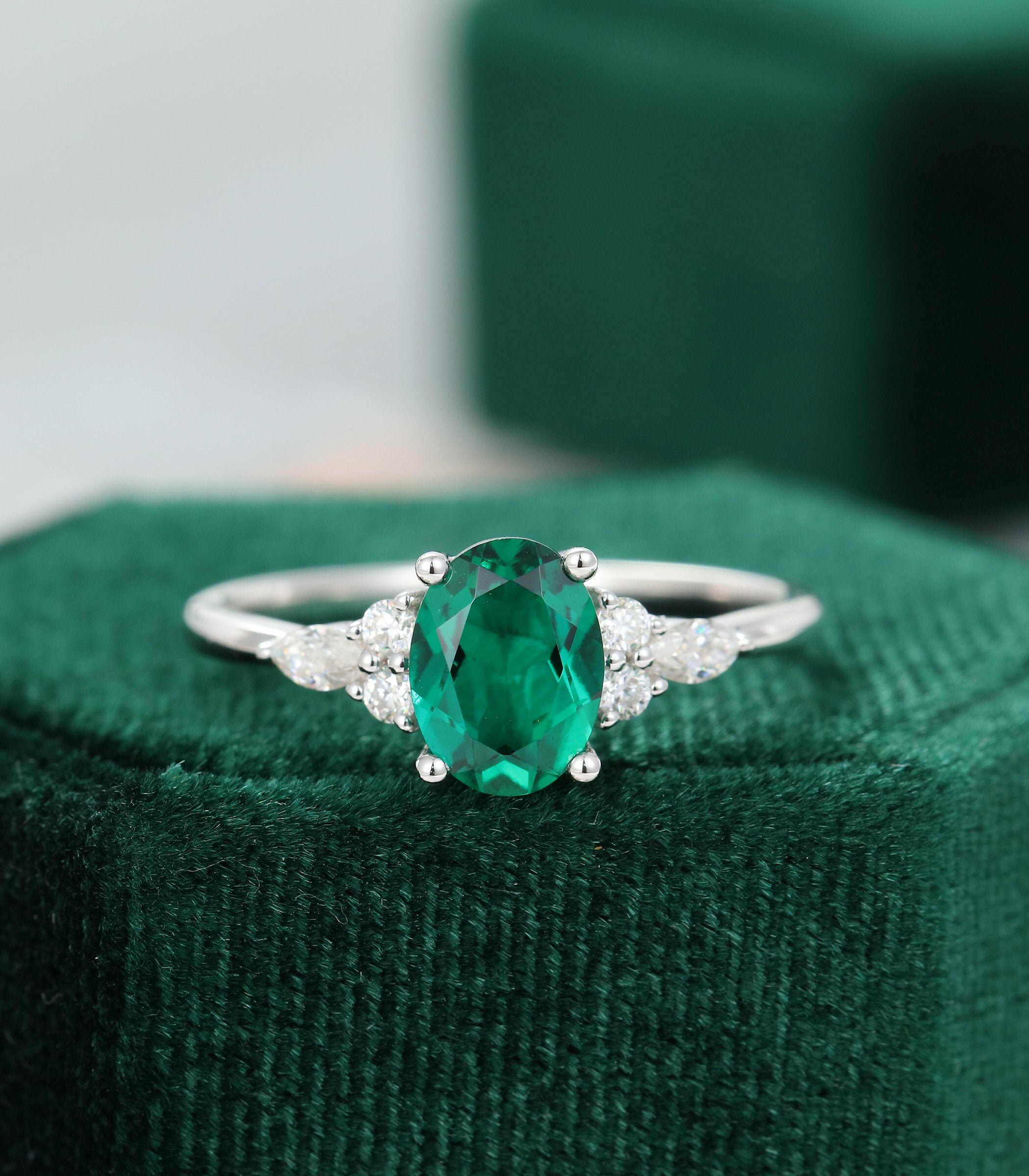 Oval cut Emerald engagement ring vintage white gold Unique | Etsy