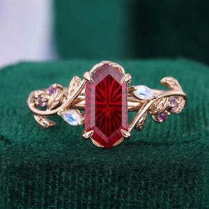 Fantasy Cut Long Hexagon Lab Ruby Solid Rose Gold Moonstone Amethyst Promise Leaf Engagement Nature Marriage Anniversary gift for Women