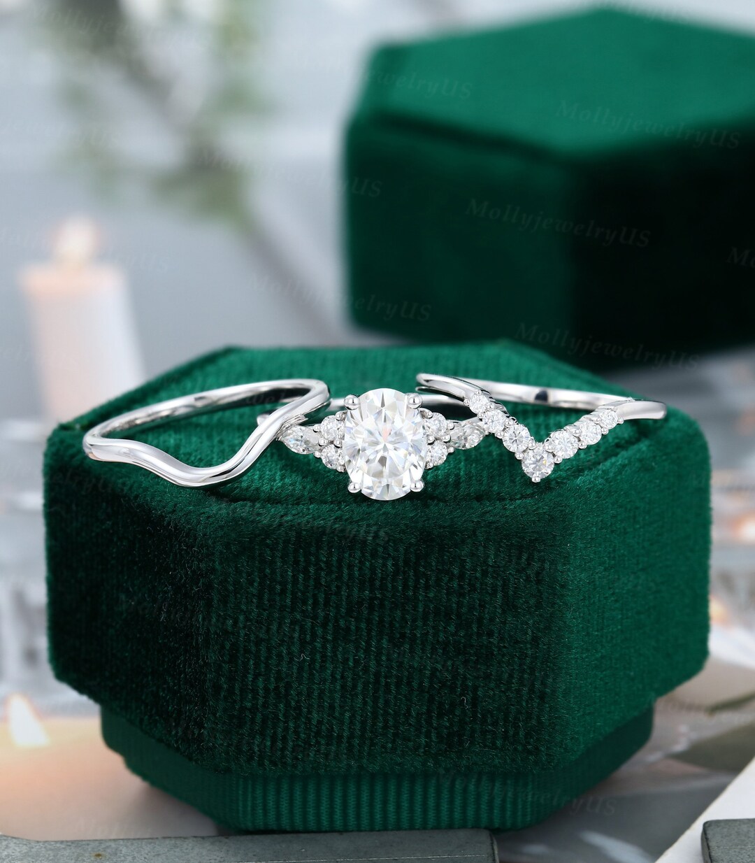 3pcs Oval Moissanite Engagement Ring Set Vintage Cluster White Gold ...