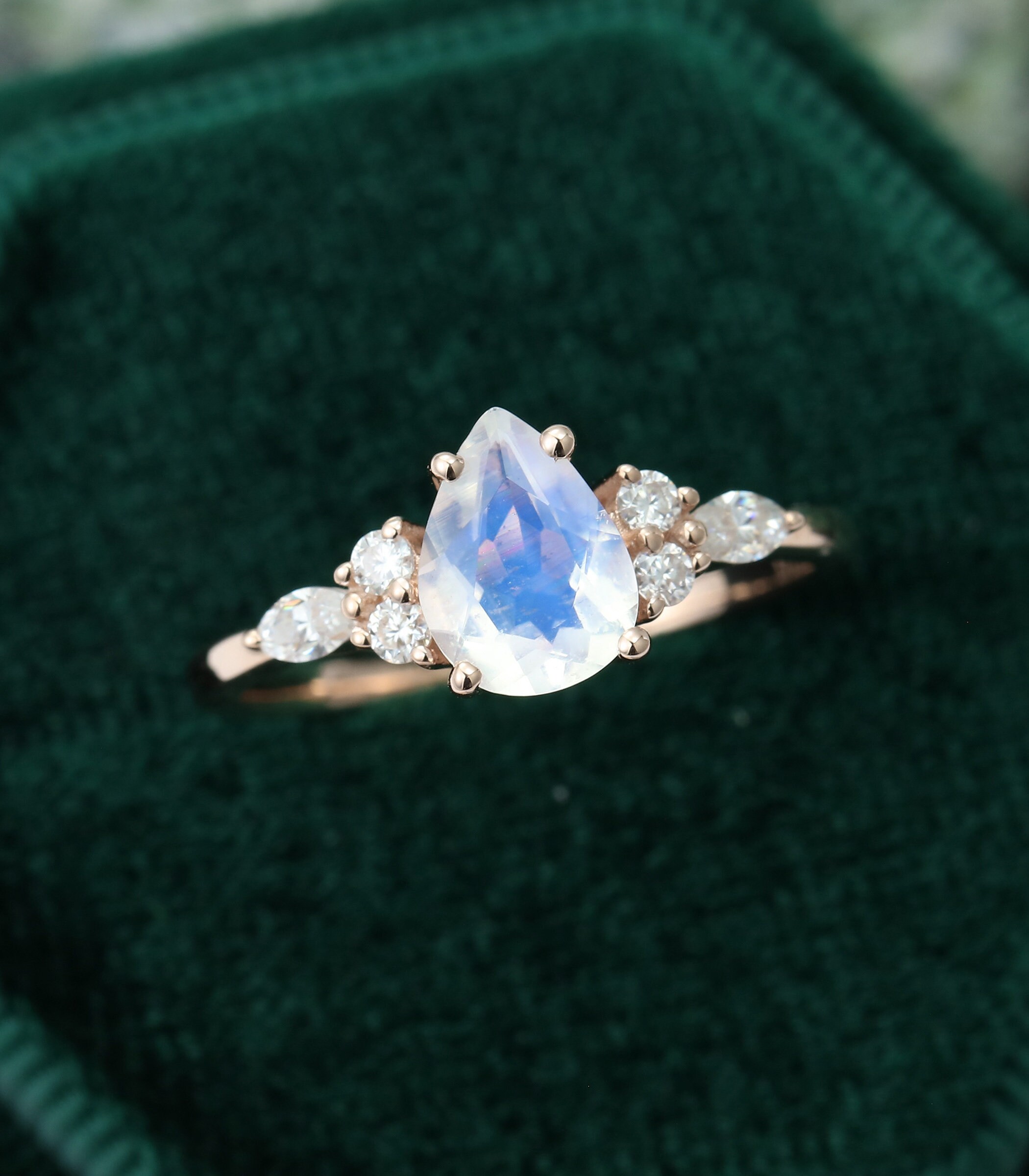 Pear shaped Moonstone engagement ring rose gold unique Cluster | Etsy