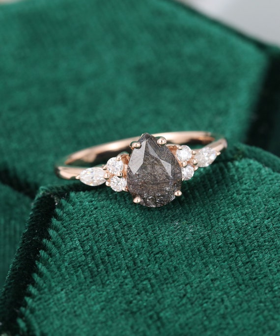 Pear shaped Black Quartz Rutilated engagement ring rose gold | Etsy