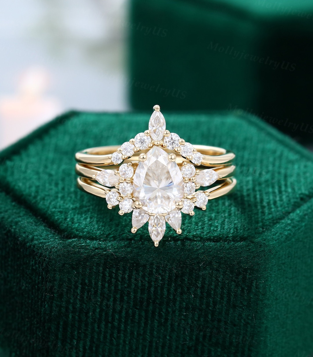 3PCS Pear Cut Moissanite Engagement Ring Set Solid Yellow Gold Bridal ...