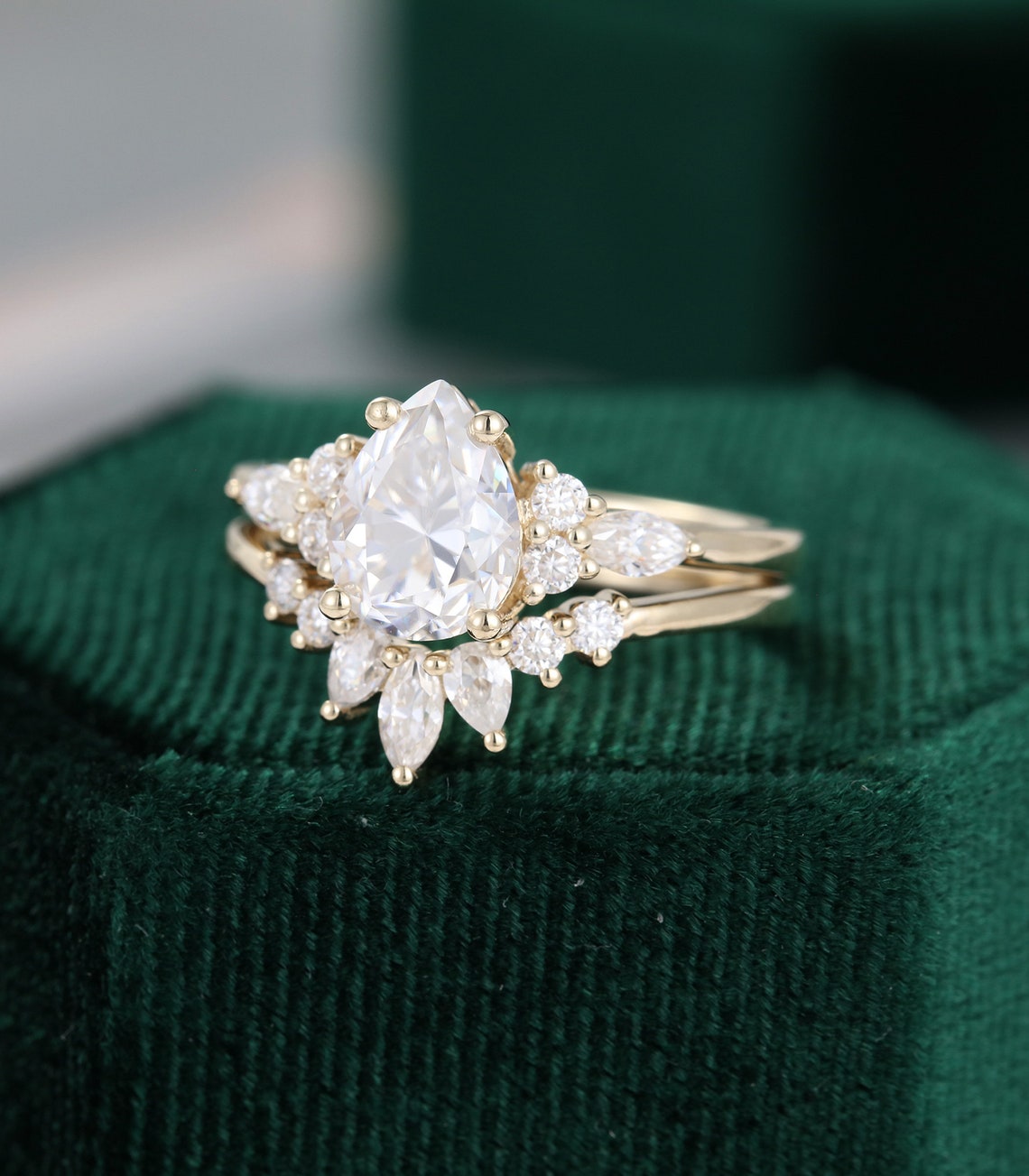 Pear shaped cut Moissanite engagement ring set vintage unique | Etsy