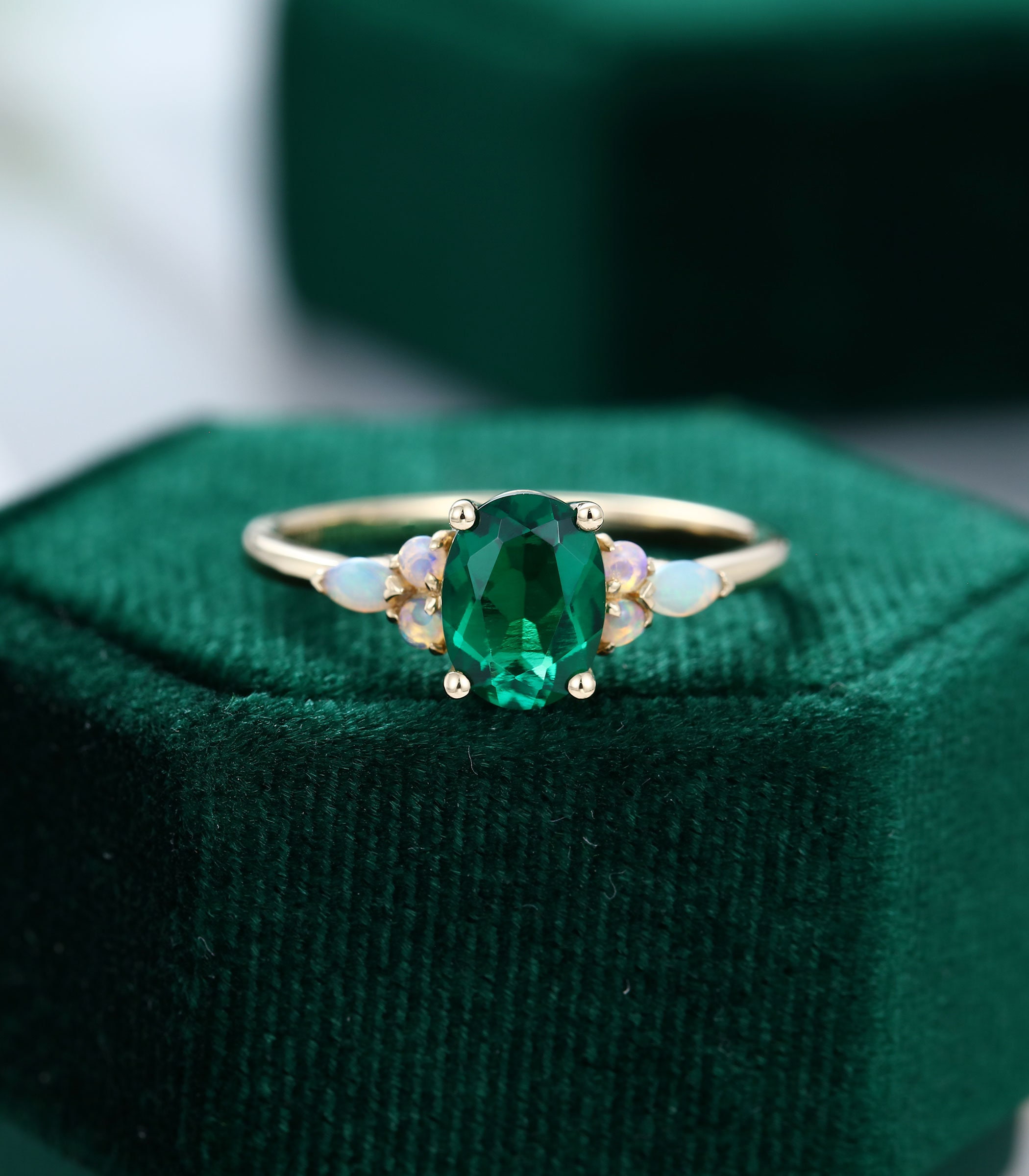 Oval Emerald engagement ring vintage ring 14K yellow gold ring Unique Marquise cut Opal cluster engagement ring Bridal Anniversary ring