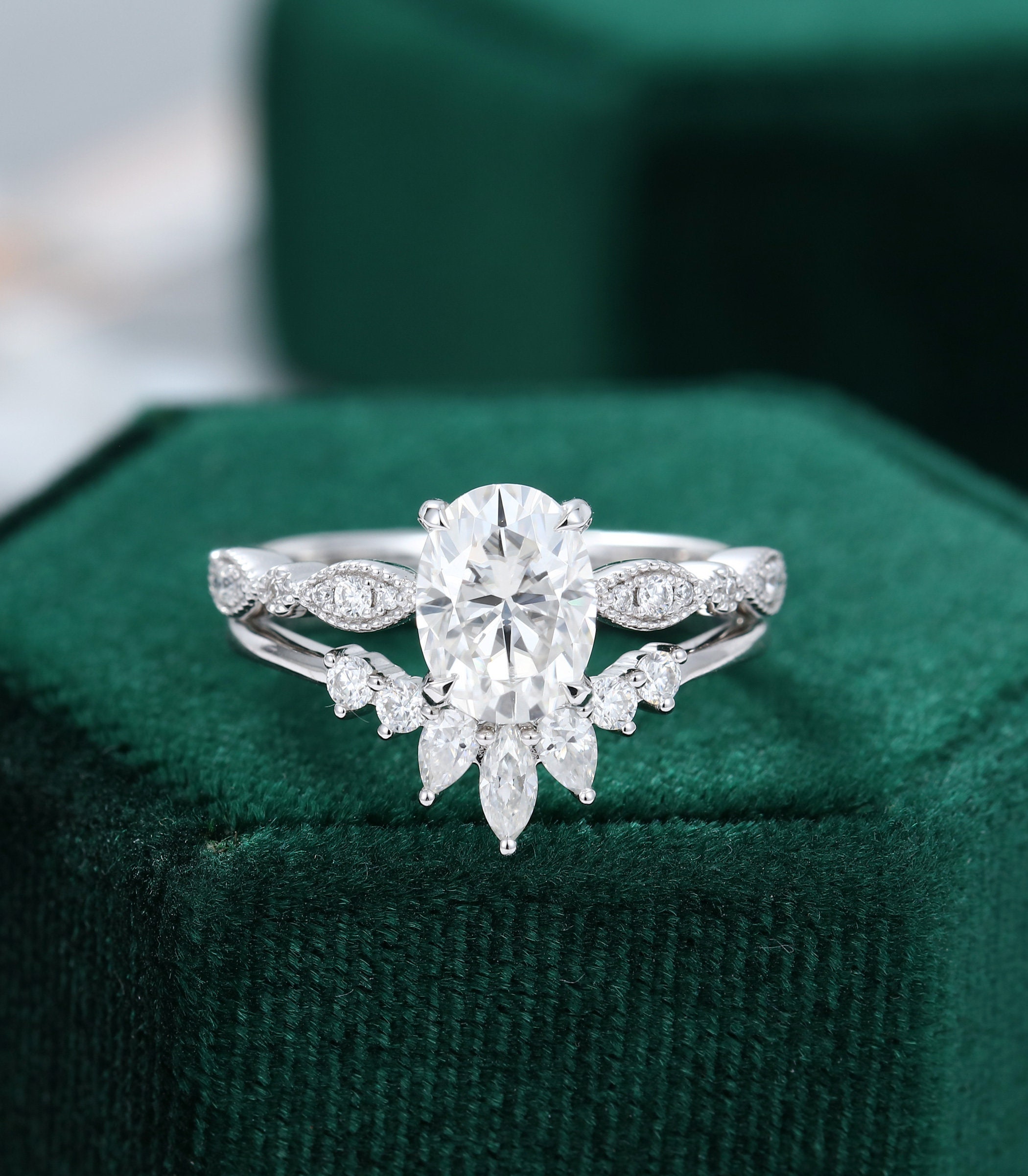 Oval Moissanite engagement ring set white gold diamond ring | Etsy