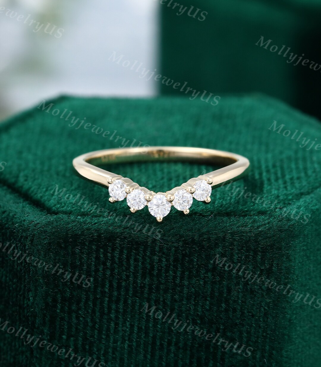 Curved Moissanite Wedding Band Vintage Yellow Gold Wedding Band Women ...