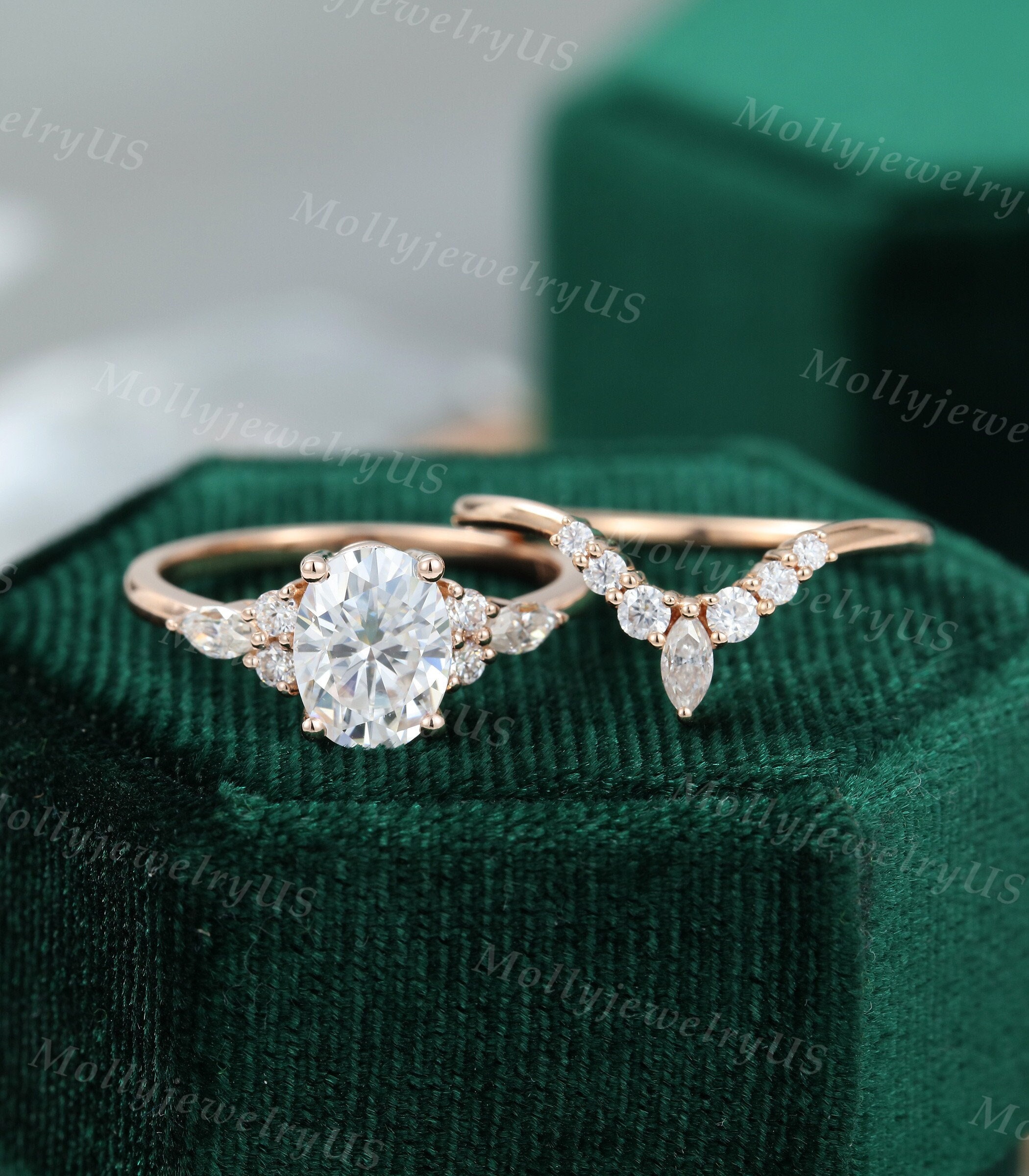 Oval Moissanite engagement ring set vintage unique rose gold engageme…
