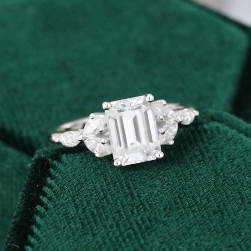 Emerald Cut Moissanite Engagement Ring Vintage Unique Bridal - Etsy
