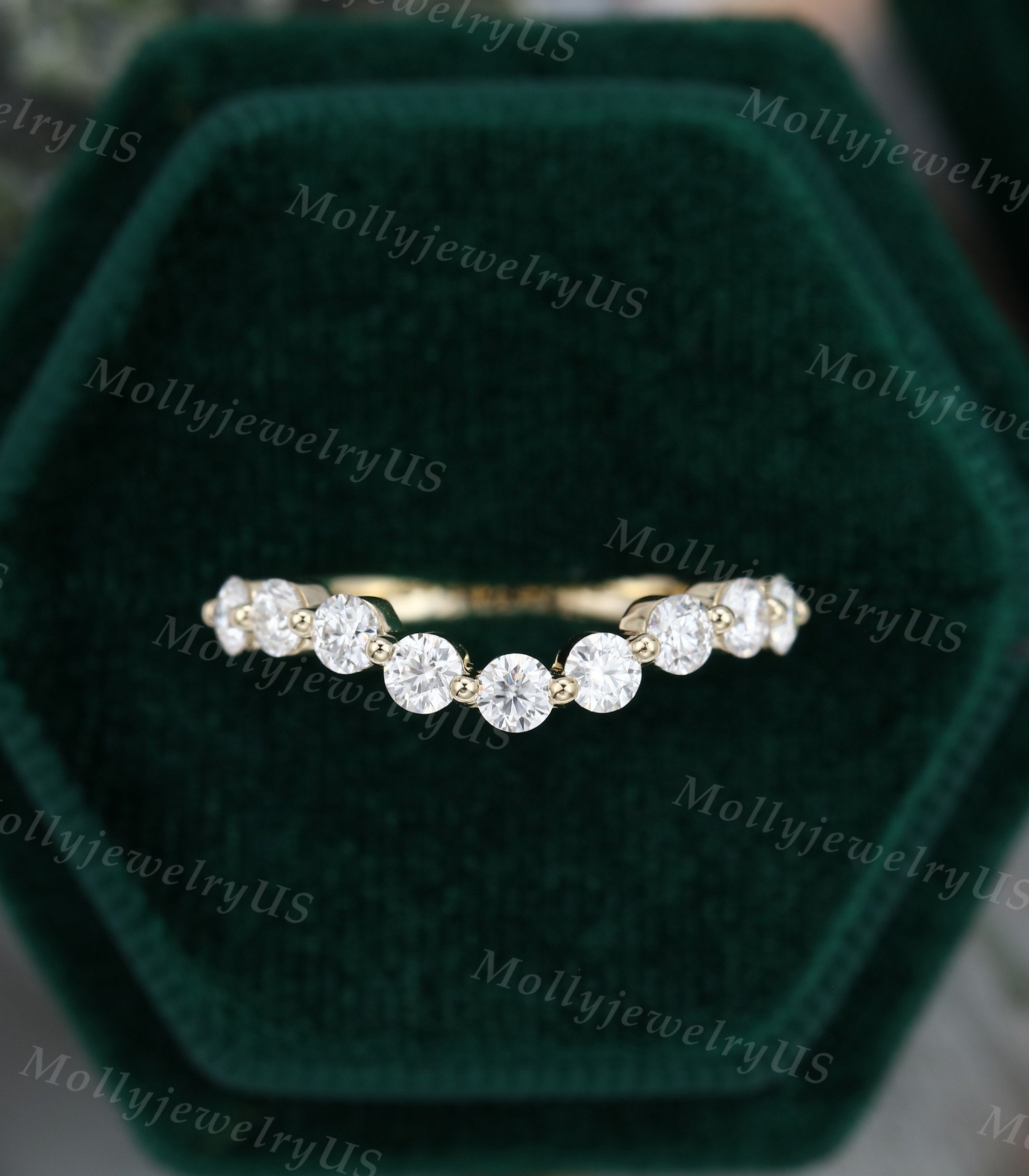 Curved Wedding Band Vintage Solid 14K Yellow Gold Moissanite Wedding ...