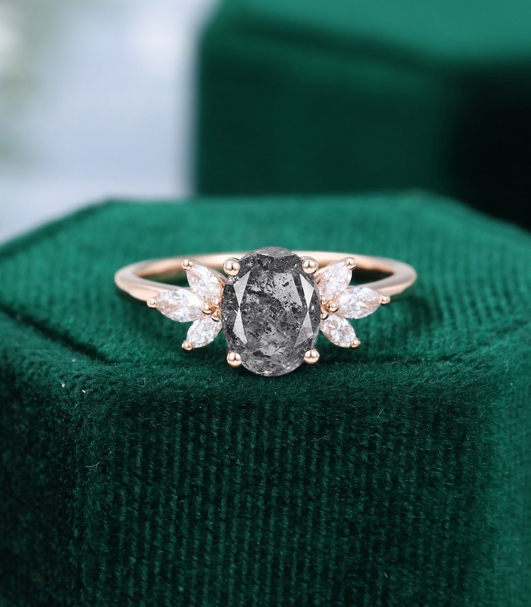 Vintage Oval Cut Salt and Pepper Diamond Engagement Ring Rose Gold