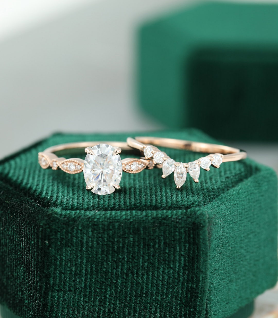 Oval Moissanite Engagement Ring Set Rose Gold Diamond Ring Unique ...