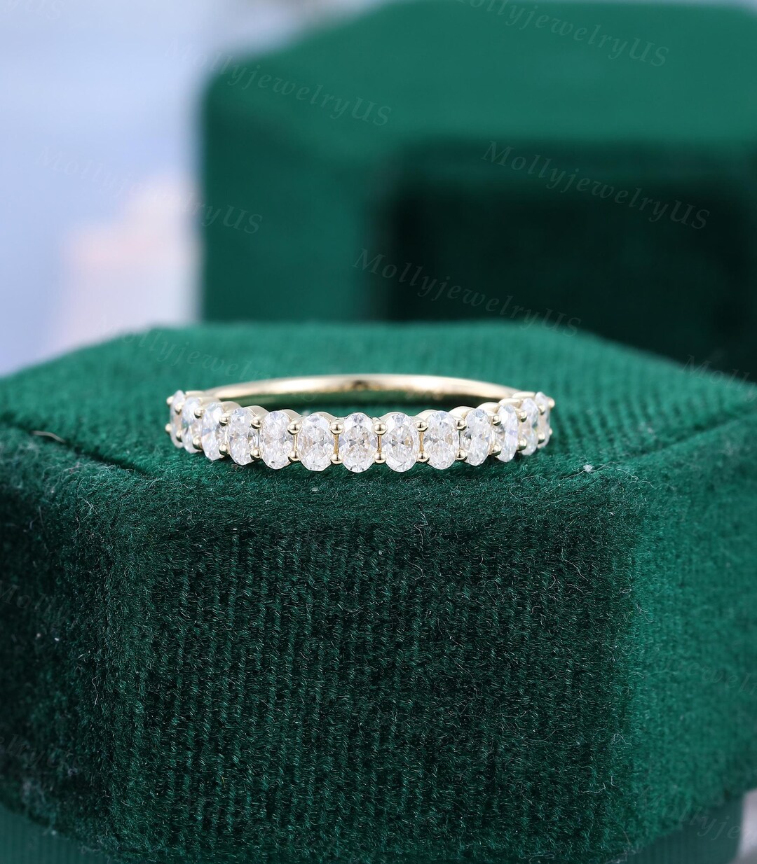 Oval Cut Moissanite Wedding Band Women Yellow Gold Unique Half Eternity ...