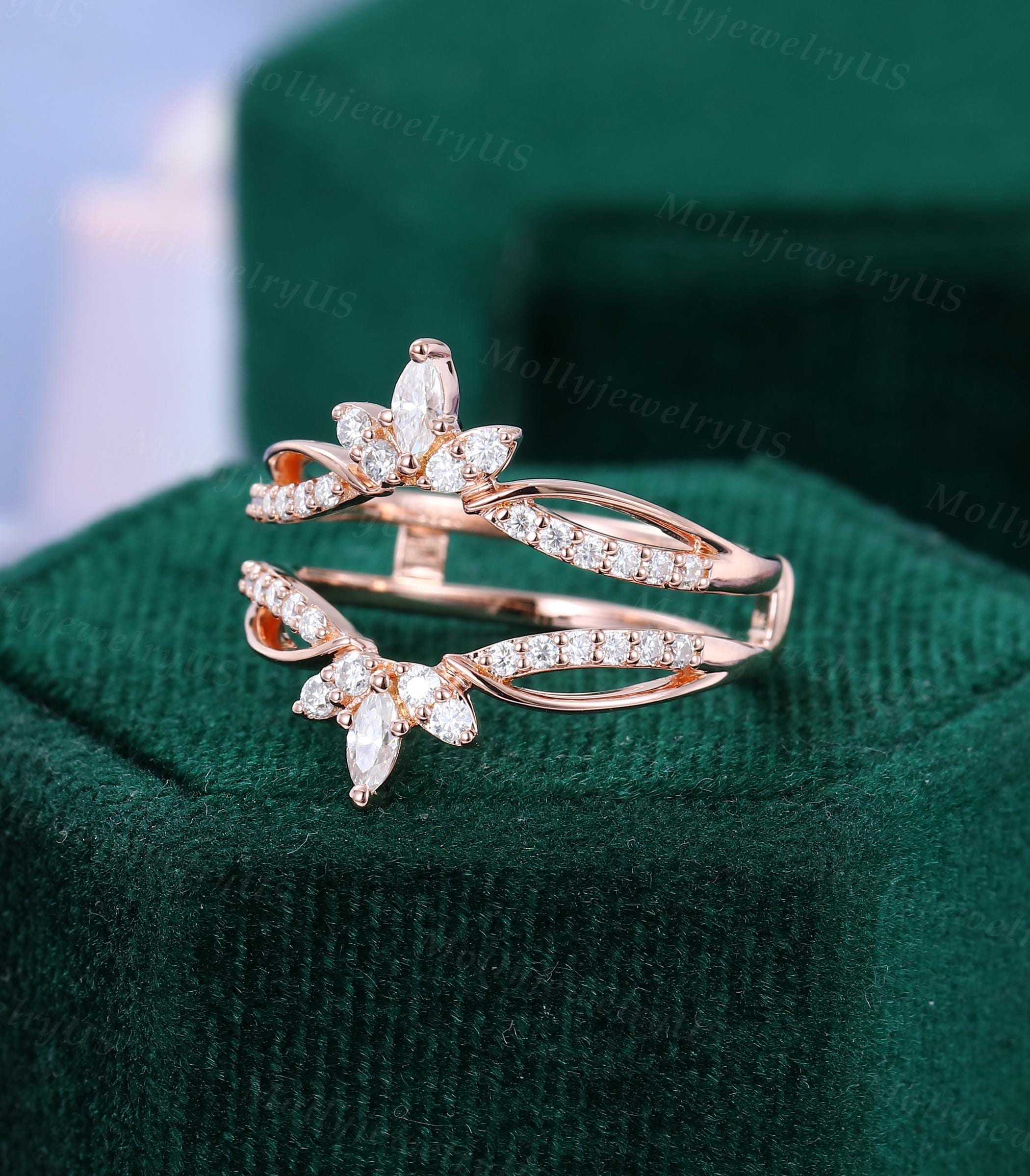 Marquise Cut Moissanite Double Wedding Band Vintage Rose Gold Open ...