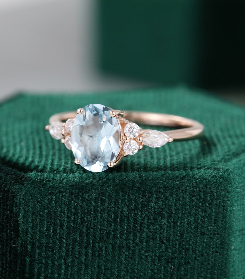 Oval Aquamarine engagement ring set vintage Unique Marquise | Etsy