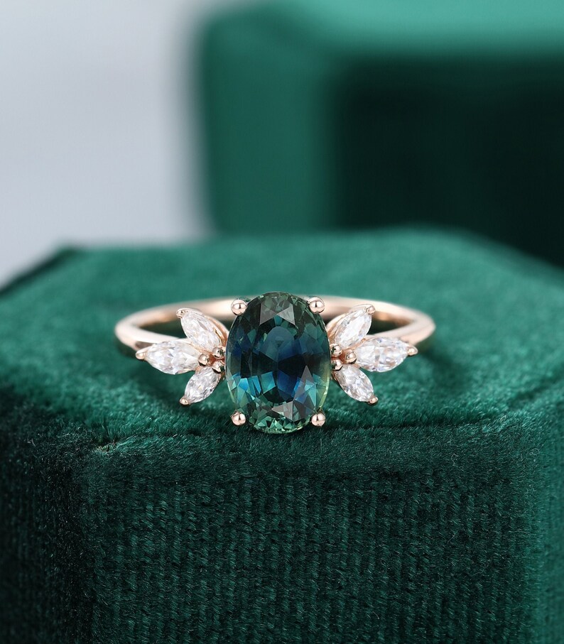 Oval Green Blue Sapphire Engagement Ring vintage Unique Marquise cut diamond Cluster ring Rose gold ring Bridal ring Anniversary gift 