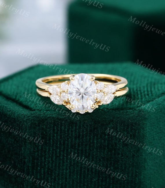 Yellow Gold Marquise Cut Moissanite Engagement Ring Set - MollyJewelryUS
