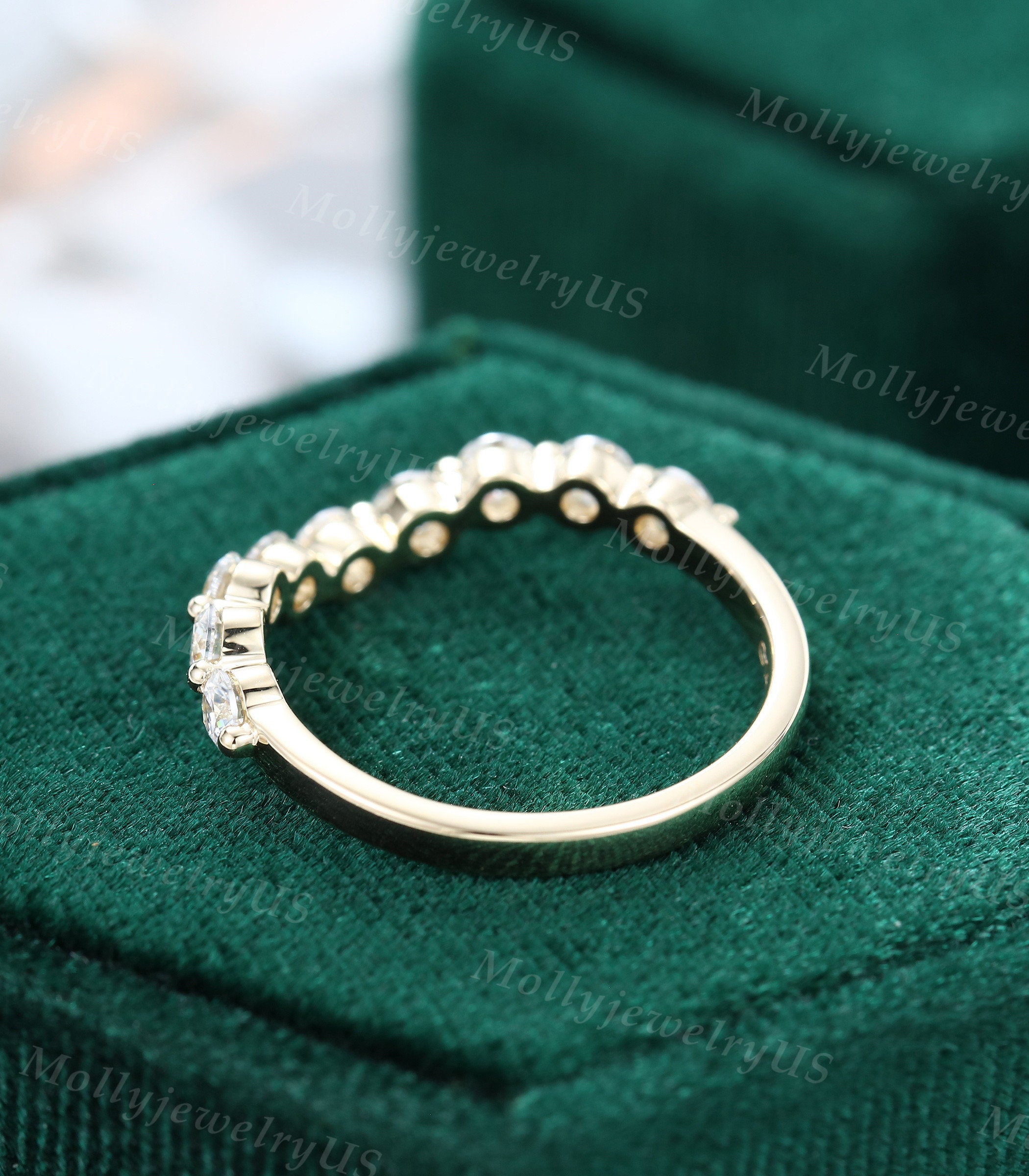 Curved Wedding Band Vintage Solid 14K Yellow Gold Moissanite Wedding ...