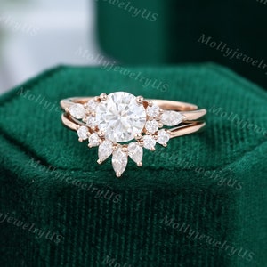 Moissanite engagement ring set rose gold unique Cluster engagement ring Diamond vintage Marquise Pear shaped Promise Anniversary ring image 6