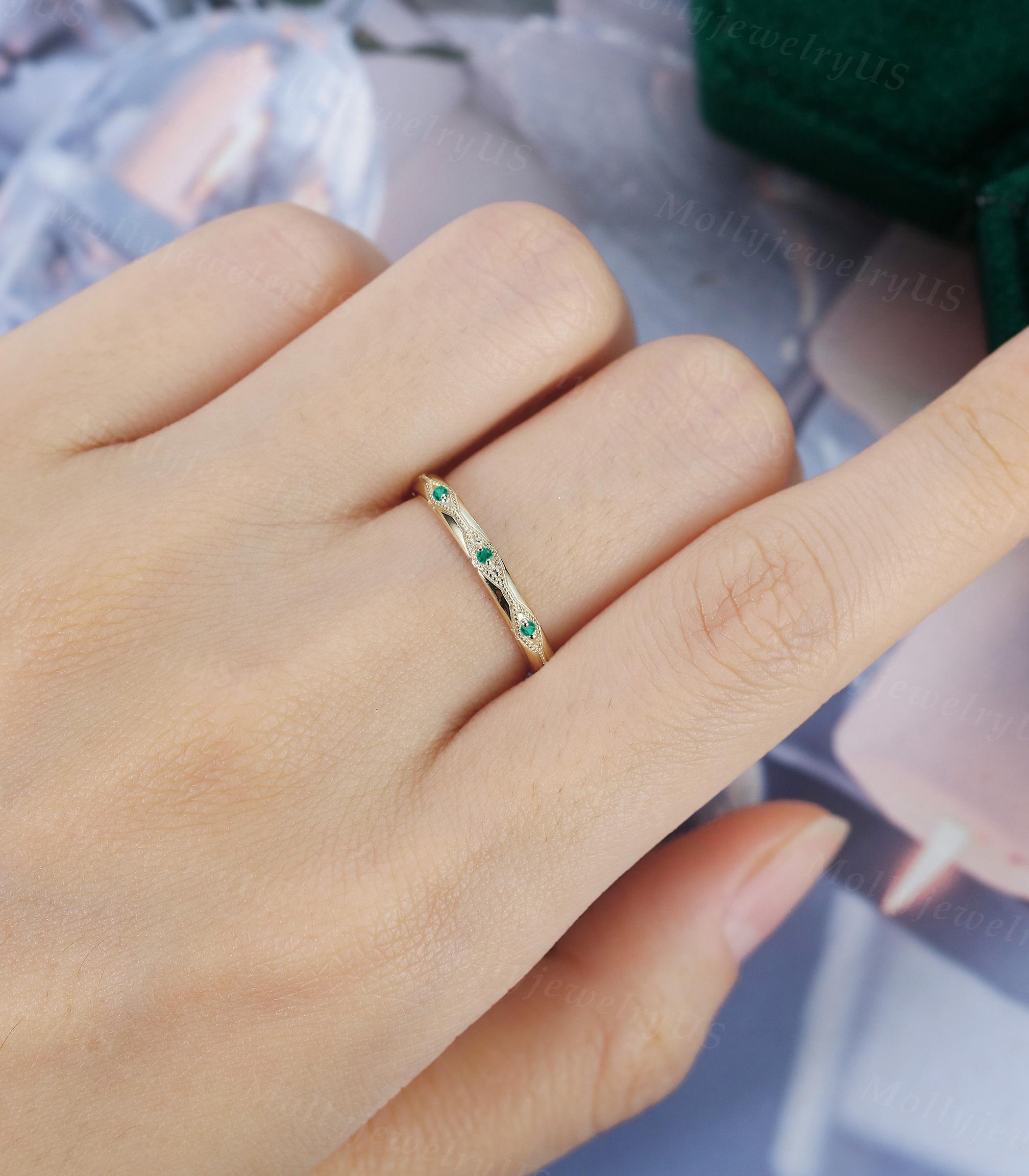 Unique Emerald Wedding Band Yellow Gold Wedding Ring 3/4 Eternity Mil ...