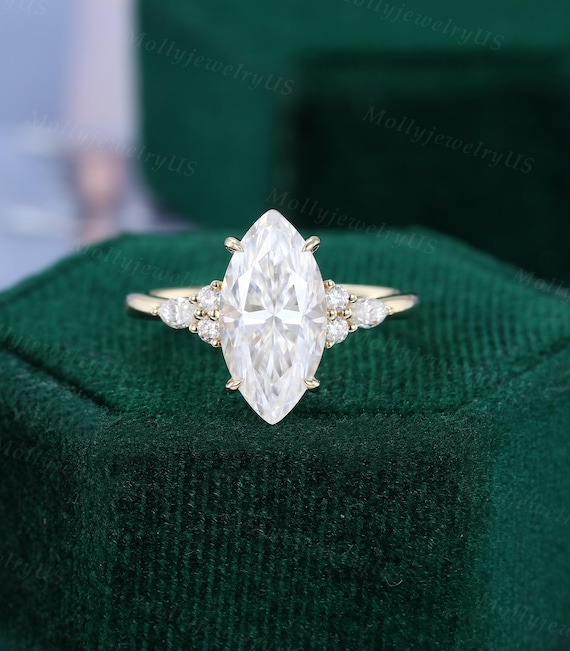 7*14mm Marquise Cut Moissanite Engagement Ring Vintage Yellow Gold