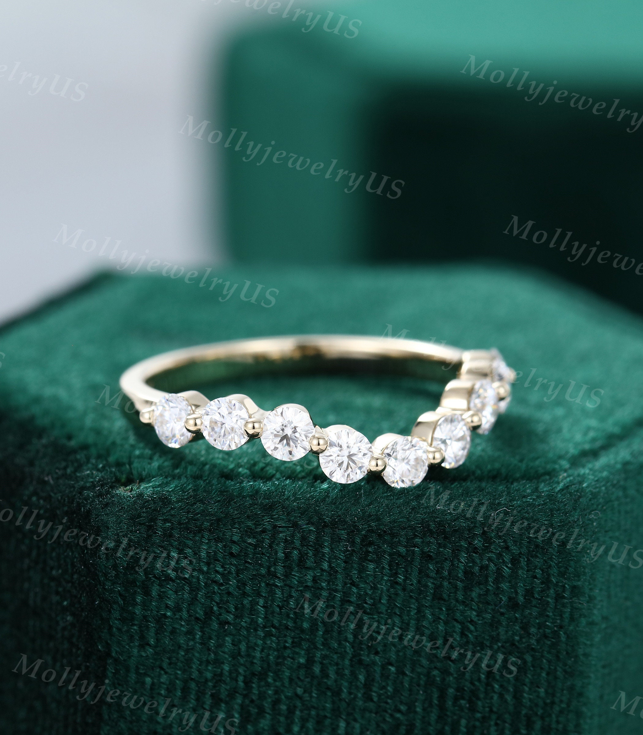 Curved Wedding Band Vintage Solid 14K Yellow Gold Moissanite Wedding ...