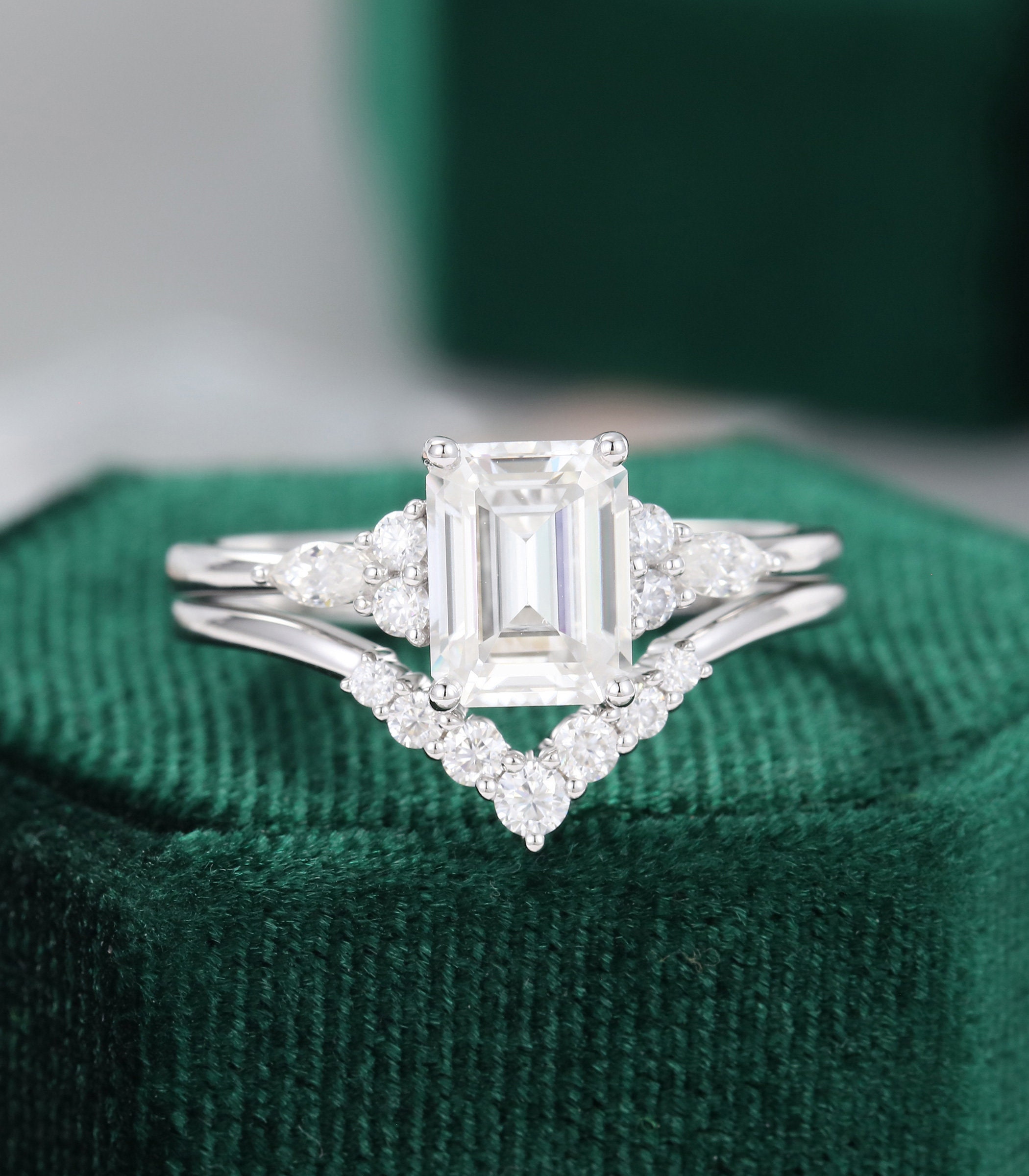 Emerald Cut Moissanite Engagement Ring Set Vintage White Gold - Etsy
