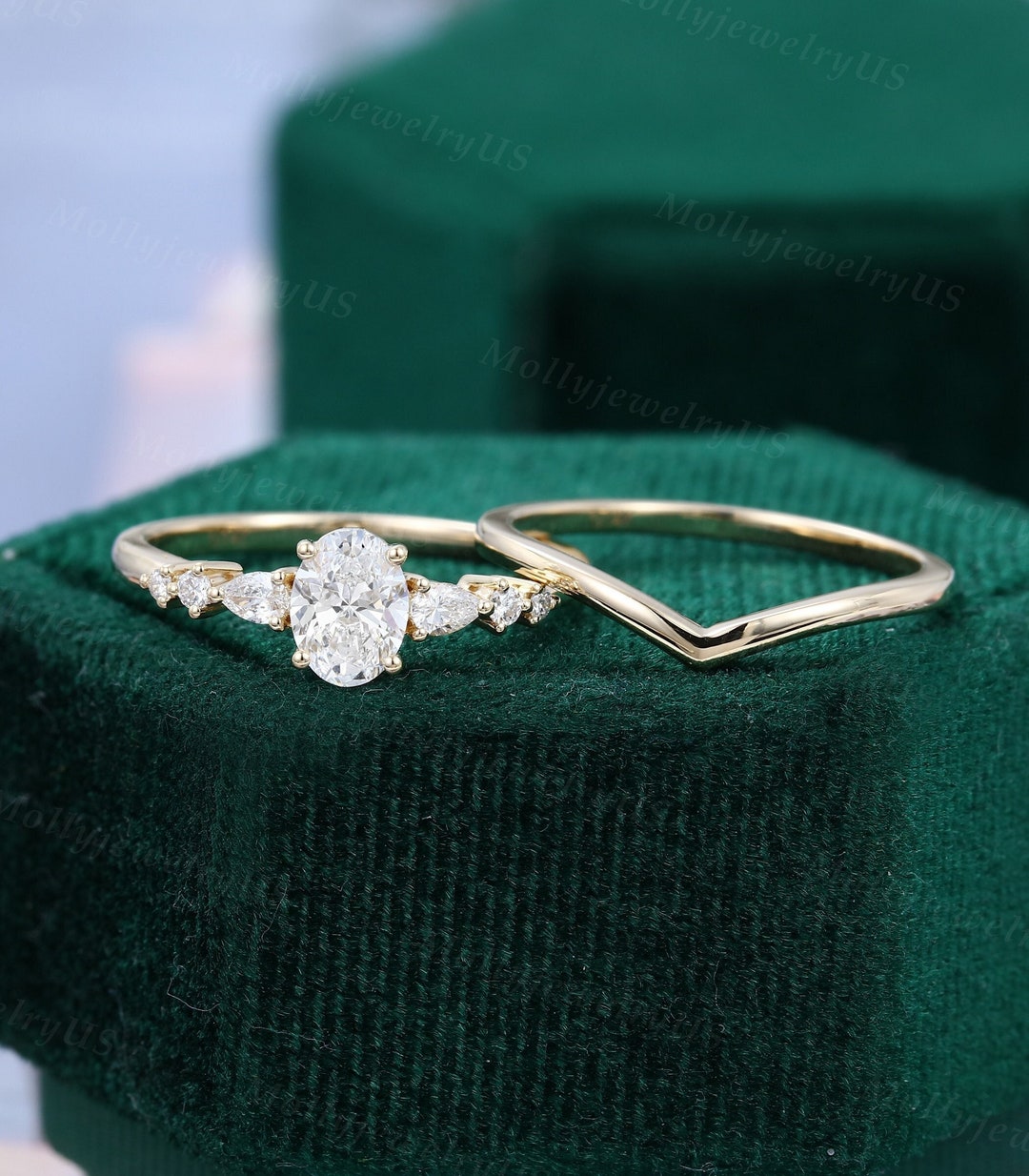 Oval Cut Moissanite Engagement Ring Set Vintage Unique Yellow Gold ...