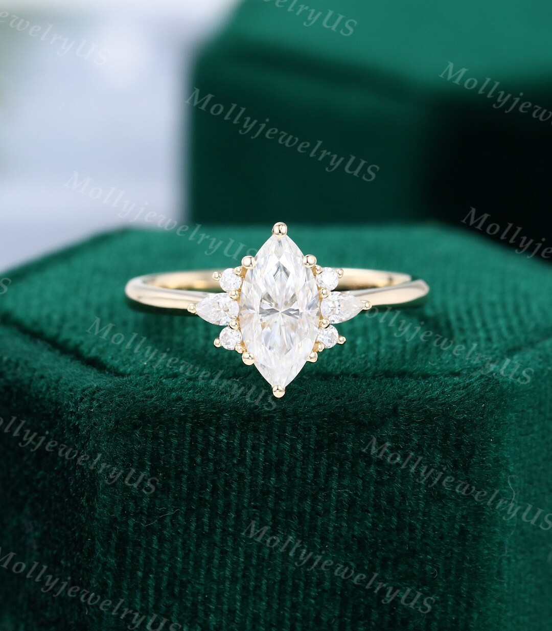 Marquise Cut Moissanite Engagement Ring Vintage Yellow Gold Unique ...