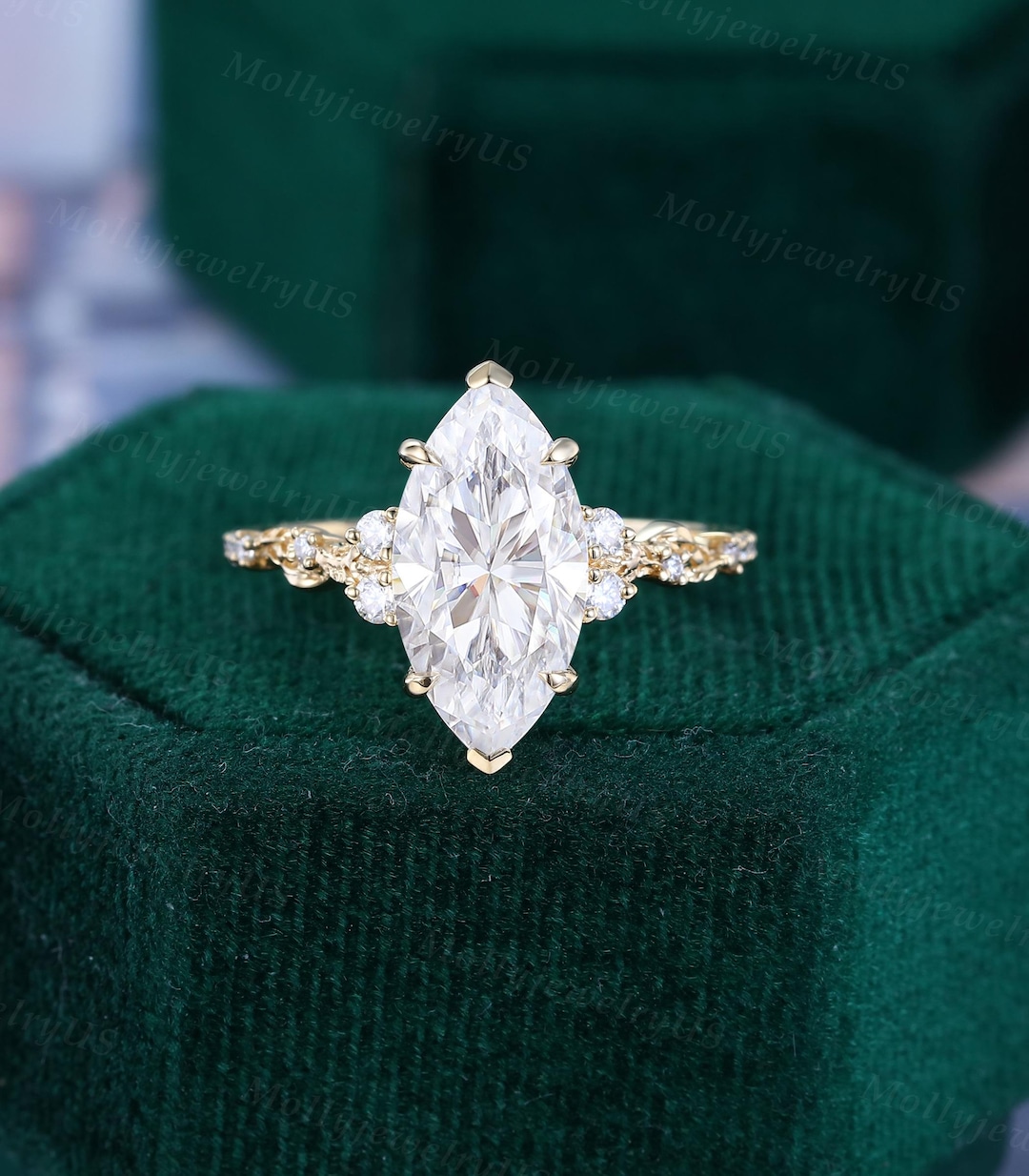 Marquise Cut 7*14mm Moissanite Engagement Ring 14K Yellow Gold Vintage ...