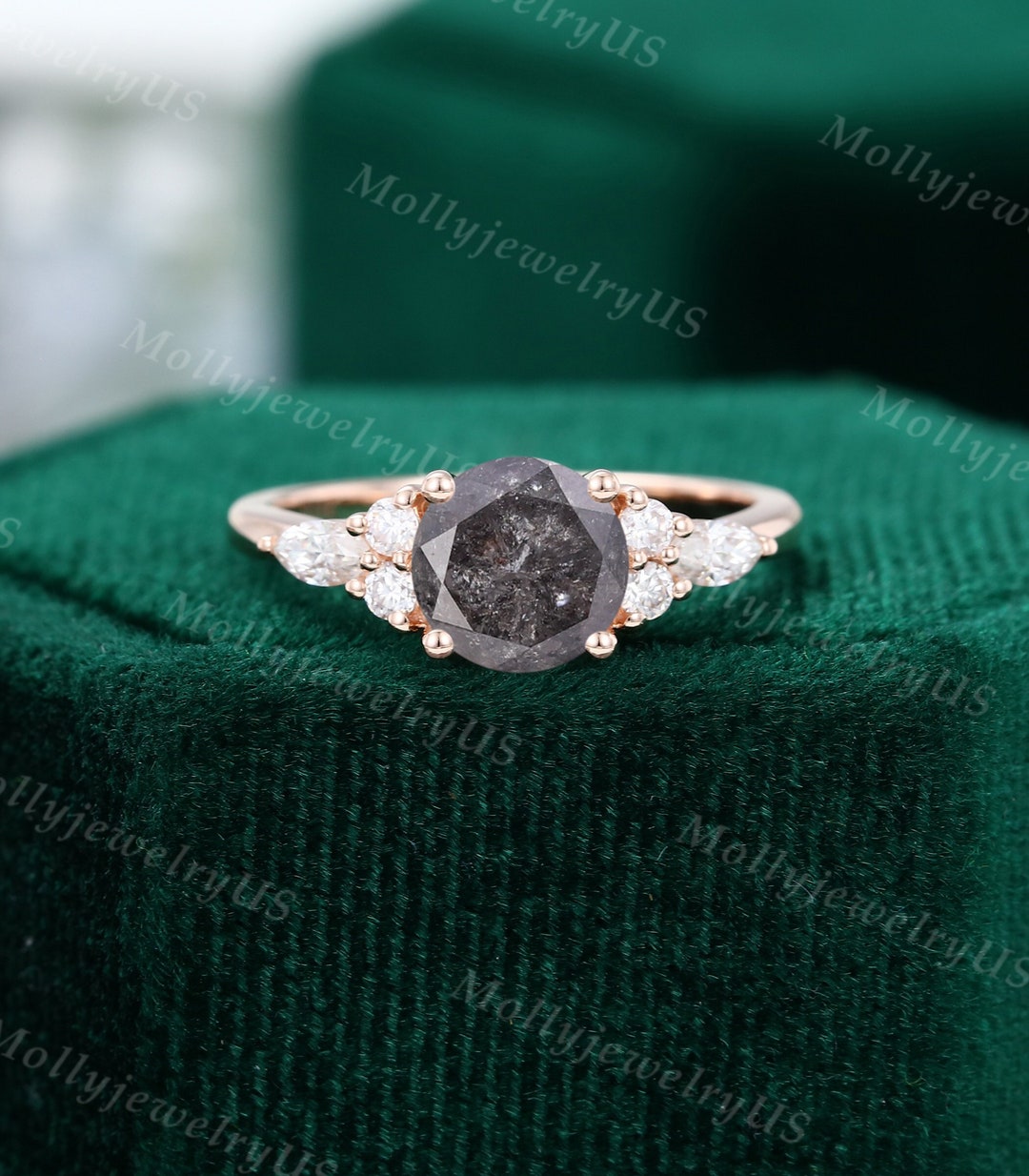 Vintage Salt and Pepper Diamond Engagement Ring Unique Rose Gold