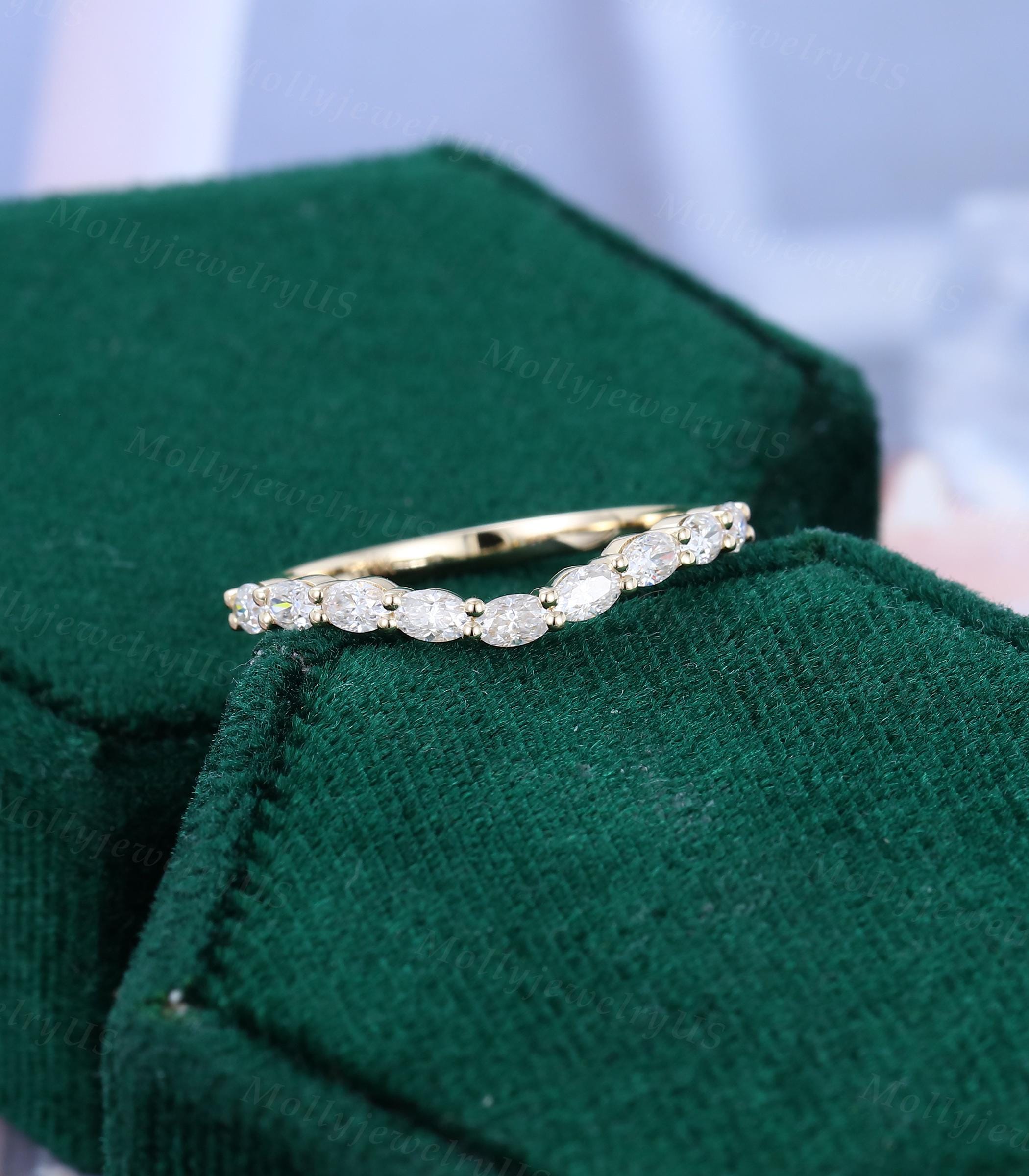 Oval Cut Moissanite Curved Wedding Band Women Unique Yellow Gold ...