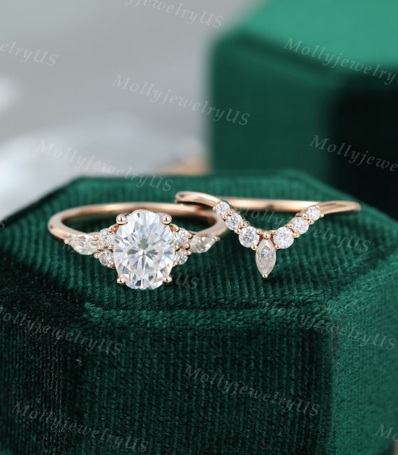 Oval Moissanite Engagement Ring Set Vintage Unique Rose Gold