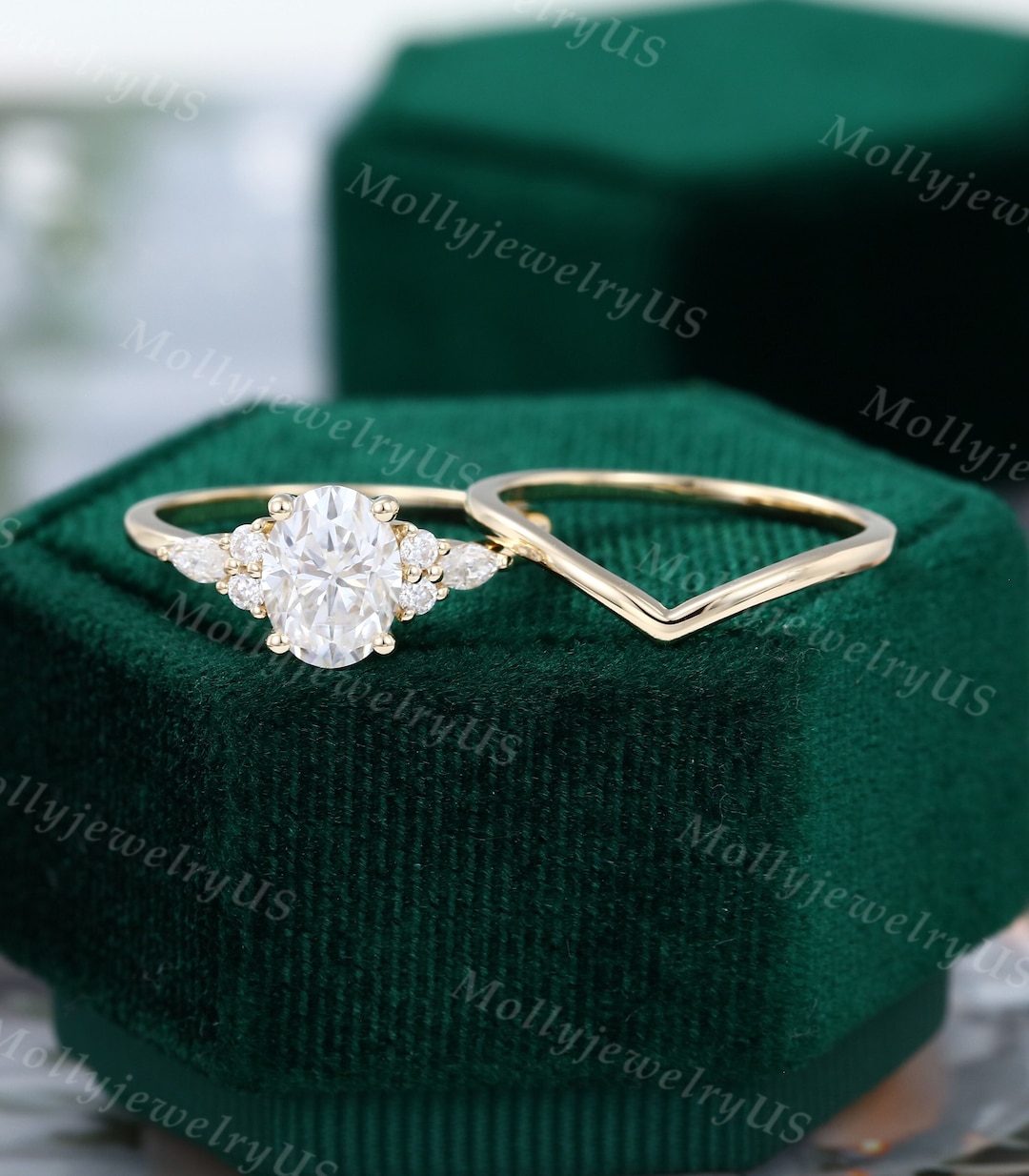Oval Cut Moissanite Engagement Ring Set Vintage Unique Yellow Gold