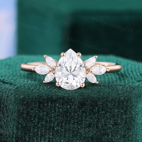 Pear shaped Moissanite engagement ring vintage Unique Marquise cut diamond Cluster engagement ring rose gold wedding Bridal gift for women