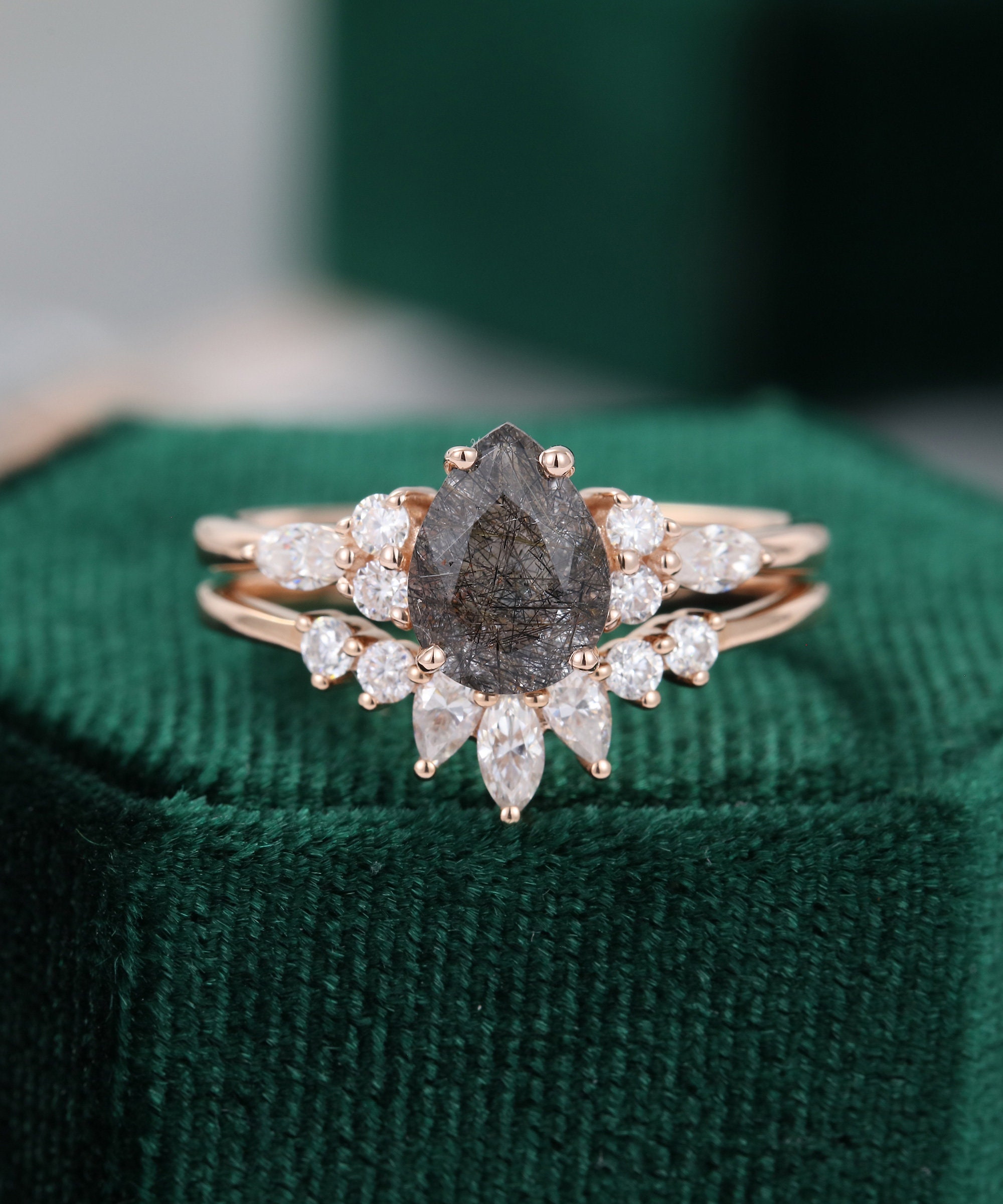 Black Rutilated Quartz engagement ring set rose gold Pear | Etsy