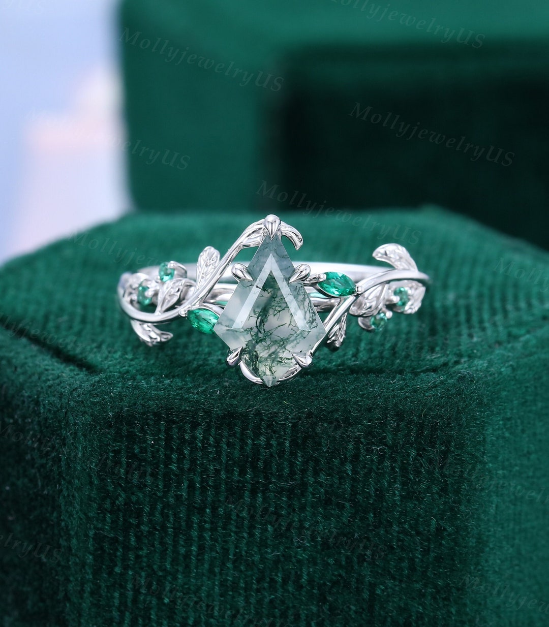Kite Shape Moss Agate Engagement Ring 925 Silver/Gold Gift For Anniversary Kite Shape Moss Agate Engagement Ring 925 Silver/Gold Gift For Anniversary